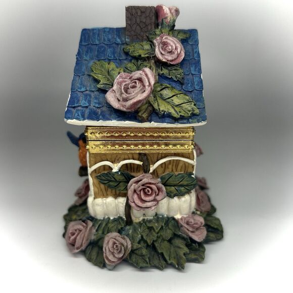 Ceramic Birdhouse Blue Roof House Purple Rose Flower Hinged Trinket Jewelry Box - Picture 3 of 10